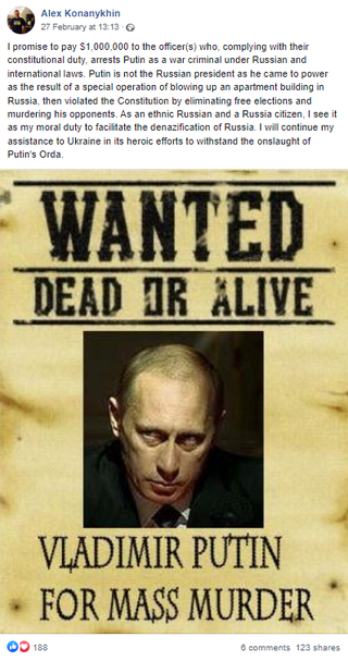 Russian entrepreneur puts a $1,000,000 bounty on Putin's head