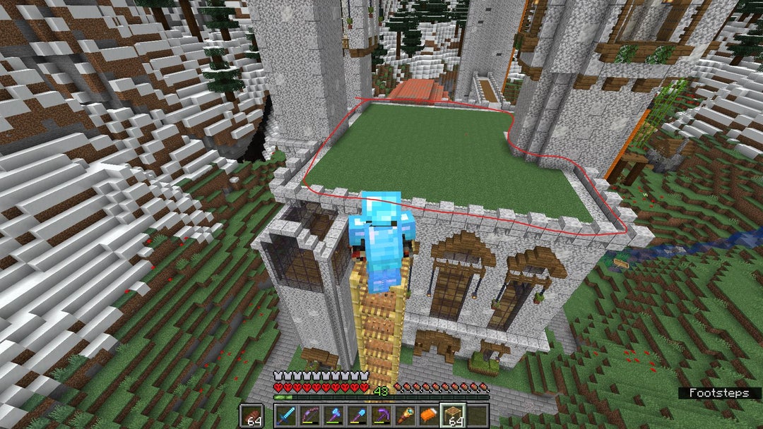 What can I put on top of my castle (circled grass area)? It must not be too high to obstruct the towers and fit the theme (may consist of copper, diorite, tinted glass and may contain spruce details)