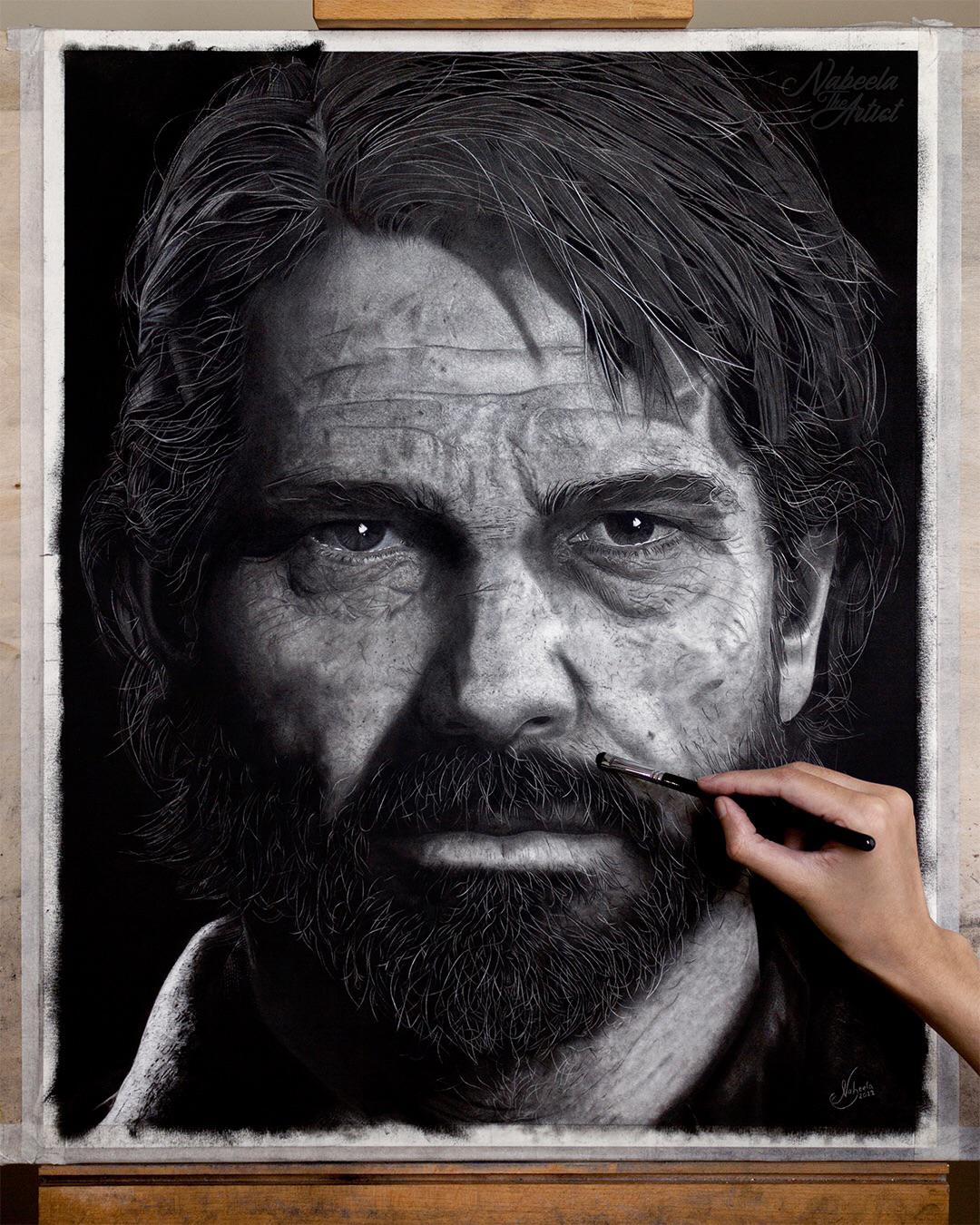 My Hyper-realistic Charcoal Drawing of Joel Miller, 150 HOURS!