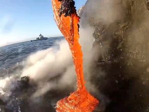 close up footage of lava entering the ocean