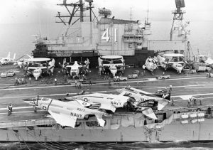 Damaged F-4 Phantoms on the deck of USS Midway after it collided with a Panamanian freighter in 1980, though Midway suffered light damage 2 sailors were killed and 3 injured [1200x846]