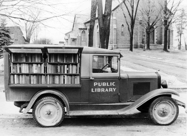 The bookmobile was a traveling library often used to provide books to villages and city suburbs that had no library buildings. This one is from 1931.
