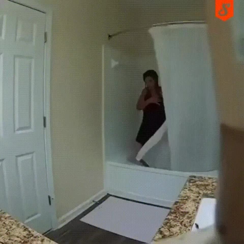 The bloody bath mat turns red when wet.