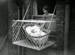 In the 1930's, Baby-Cages were used to ensure children living in apartment buildings got enough fresh air and sunlight.