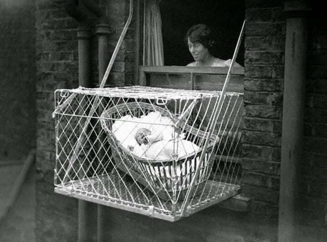 In the 1930's, Baby-Cages were used to ensure children living in apartment buildings got enough fresh air and sunlight.