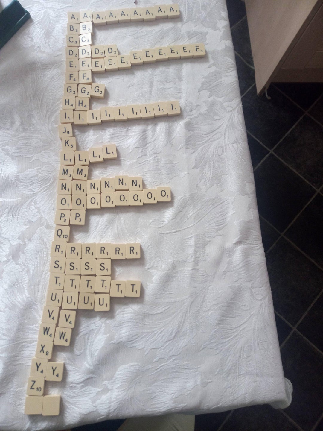 The number of Scrabble pieces in a set as the alphabet as done by my daughter
