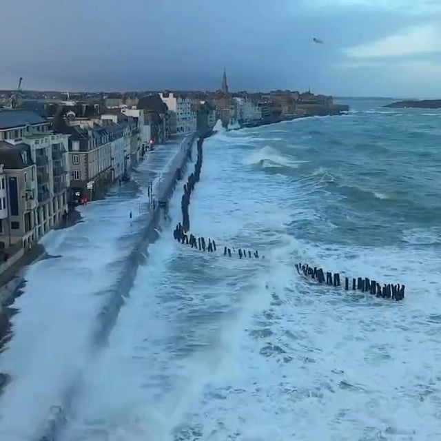 Heavy seas battering houses along the coast in Ste. Malo, France