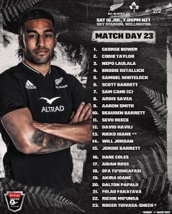 All Blacks squad vs Ireland in Wellington this weekend