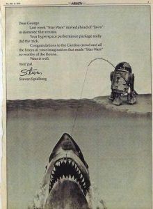 In 1977, when Star Wars became the top film, surpassing Jaws, Steven Spielberg took this ad out in Vanity to congratulate George Lucas.