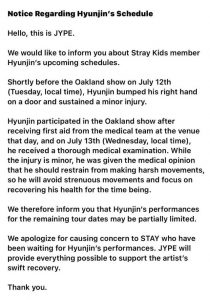 Stray Kids Hyunjin sustains minor injury + performance on tour may be partially limited
