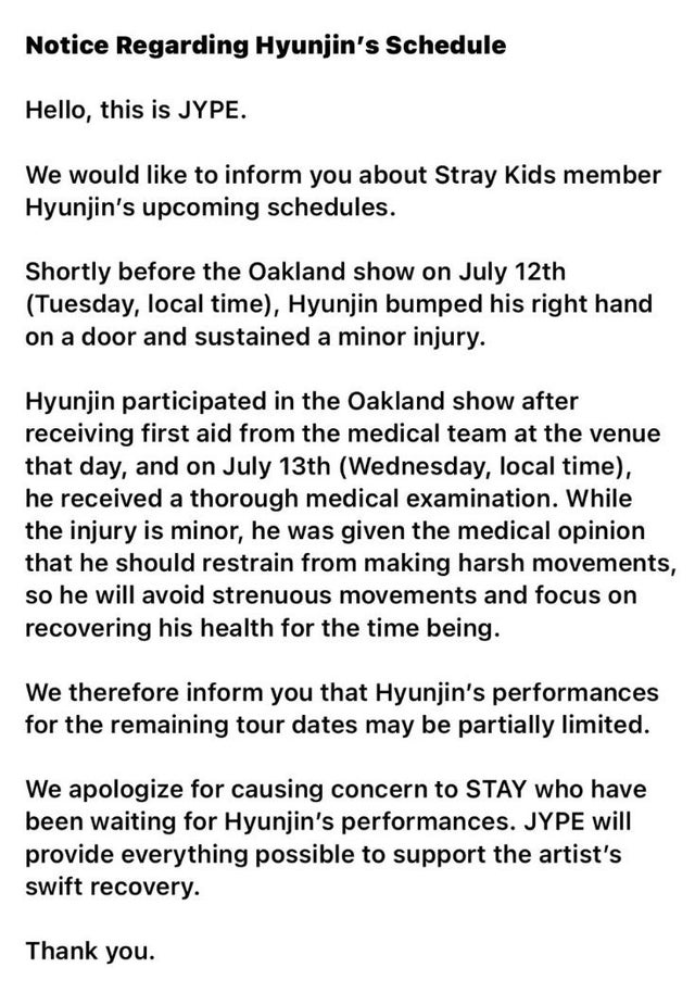 Stray Kids Hyunjin sustains minor injury + performance on tour may be partially limited