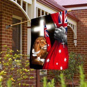 Flag of Australia but red but pulled back by a Christian hand, revealing a lion, dove, lamb, another red ensign and the Glowing cross of the lord