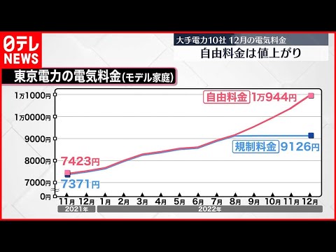 【大手電力10社】12月の電気料金「自由料金」は値上がり
