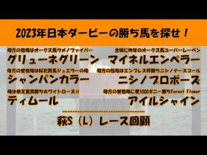 2023年日本ダービー馬を探せ！#25　グリューネグリーン、シャンパンカラー、ティムール、マイネルエンペラー、ニシノプロポーズ、アイルシャインを注目馬として取り上げました。萩S（L）レース回顧。