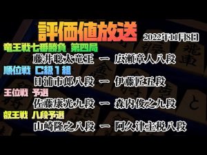 【※盤面無し　竜王戦第四局1日目：藤井聡太竜王ー広瀬章人八段　順位戦：日浦八段ー伊藤匠五段　王位戦：康光九段ー森内九段　叡王戦：山崎八段ー阿久津八段】 【将棋評価値放送　2022.11.8】