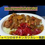 EatingSounds＆ASMR！お酒好きにはたまらない一品！キャベツの千切りを更に引いてチキンカツカレーで早めの晩酌です😂これは素晴らしすぎる！🤣福神漬けってなんでこうもカレーに合うんでしょうね😋