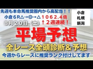 ●結果→新潟6R/10R小倉7R/12R札幌8R/12R本命馬推奨！！　2022 8月20日  ３場全レース全頭診断＆予想　平場　競馬予想 ２週連続高配当推奨！　今週からランク付していきます！！